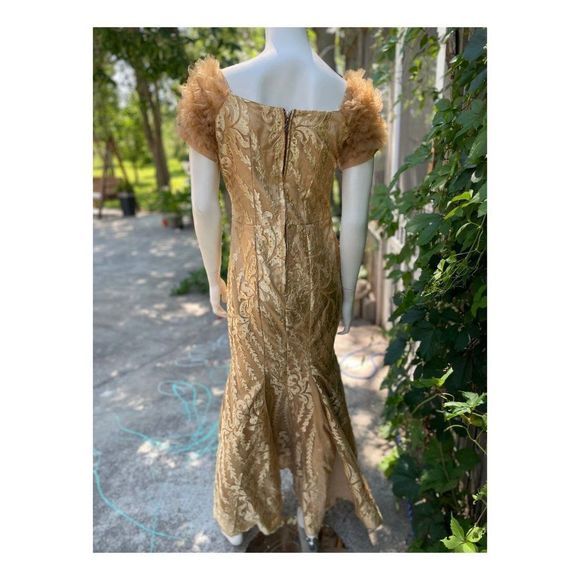 Gold Lace Mermaid Formal Dress Hand Tailored Ruffle Short Sleeve - Picture 8 of 12